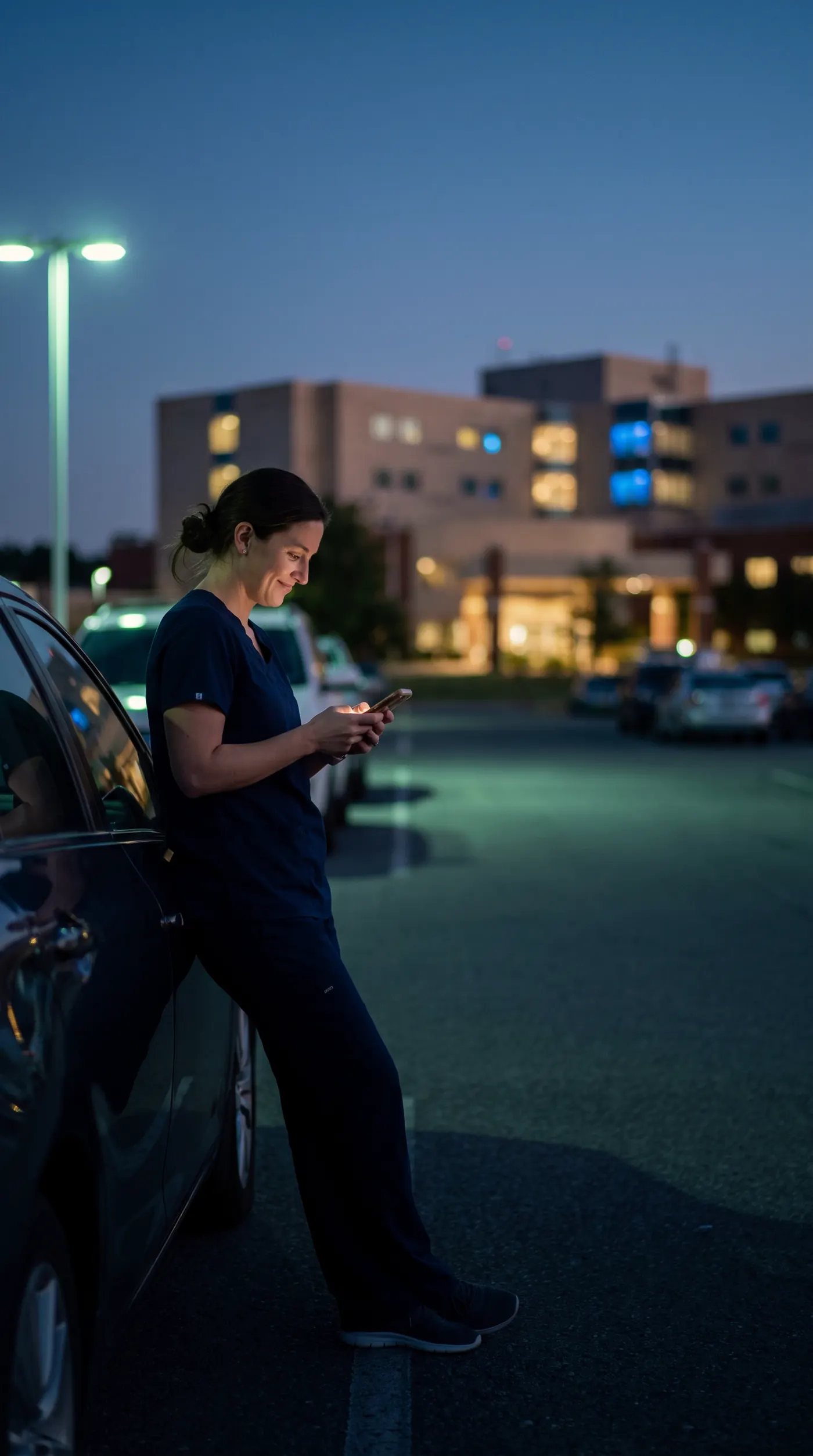 Médica de uniforme encostada no carro no estacionamento do hospital, sorrindo para o celular na saída do plantão